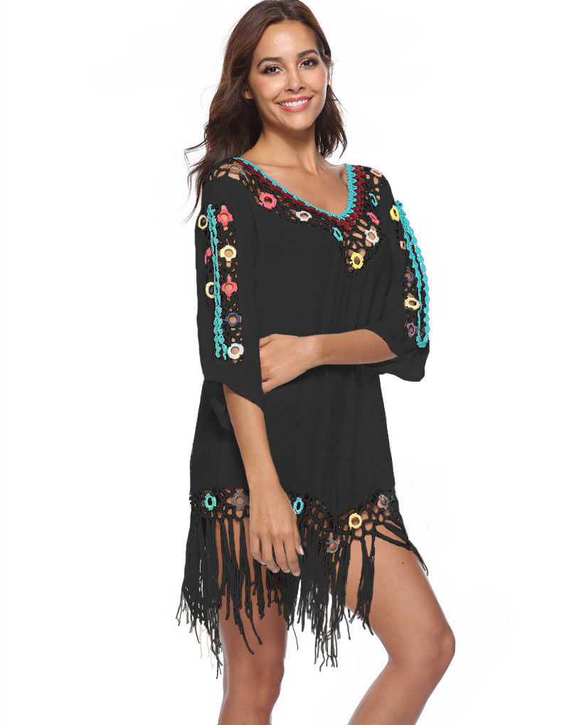 Womens Boho Beach Cover-Up With Tassel Hem - Sexy Crochet V-Neck Beach Dress
